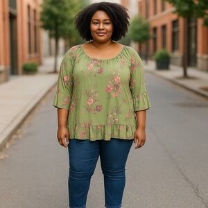 Terra & Sky Women’s Blouse SZ 1X  Green Pink Purple Elastic neck  3/4 Sleeve